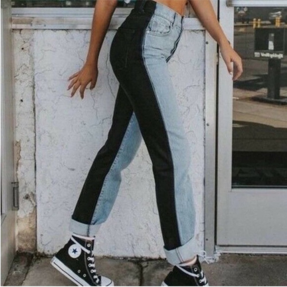 Revice Two Tone Ex Boyfriend Straight Leg Denim Jeans Blue & Black Size 25